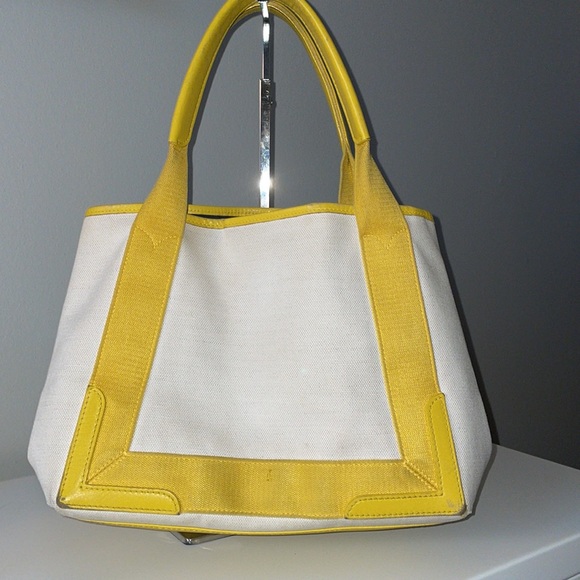 Authentic BALENCIAGA Caba S Hand Bag Canvas Leather White Yellow - Picture 4 of 16
